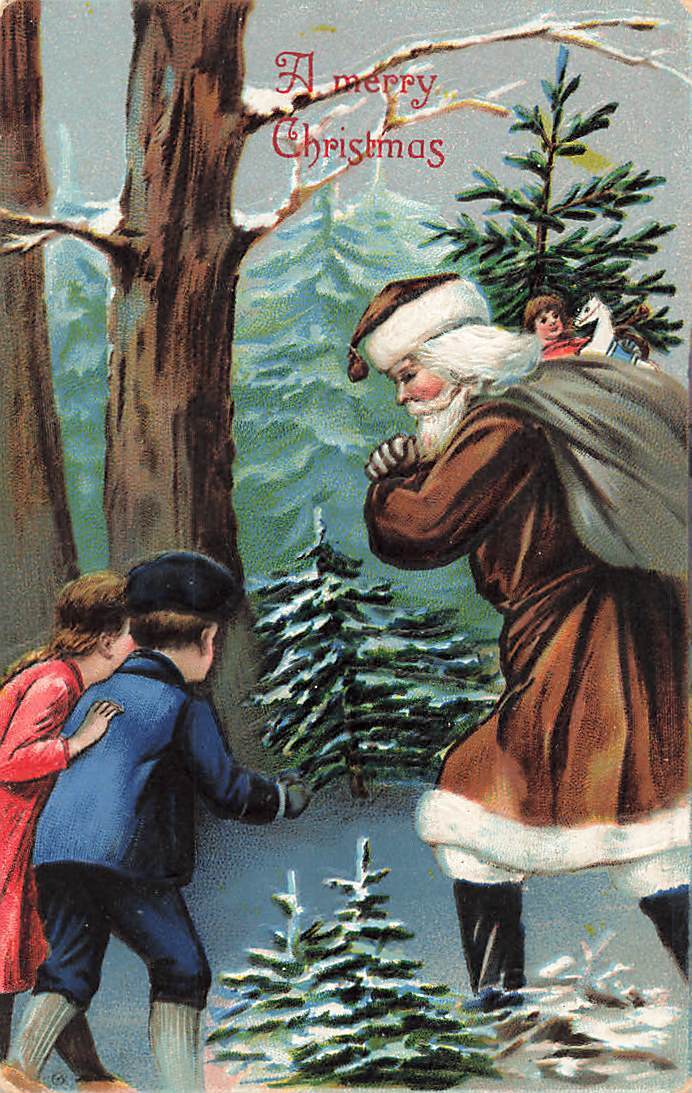 c1910 Brown Santa Claus Children Snow Toys Tree Woods Bag Germany Christmas P534