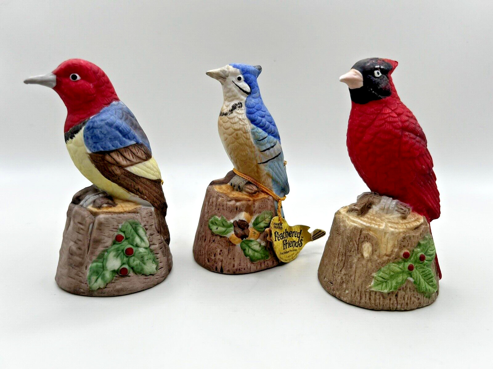 Vintage 1970s Jasco Feathered Friends Hand Painted Ceramic Bird Bells Set Of 3