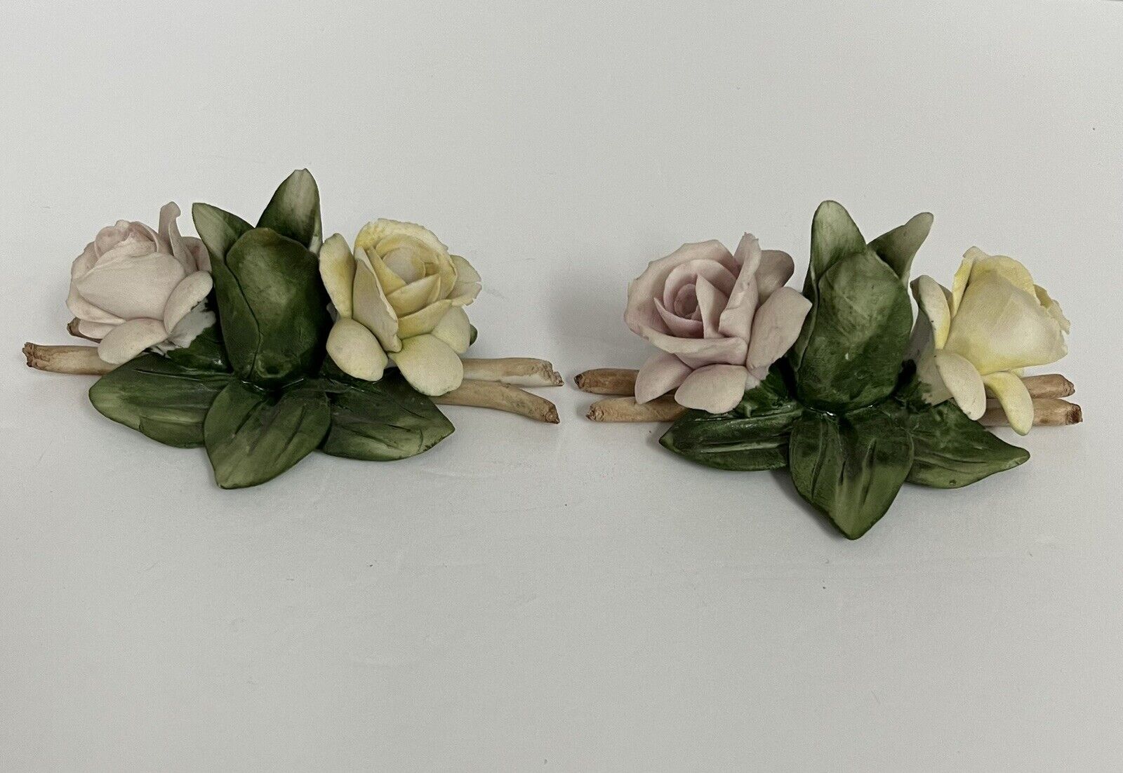 Vintage Capodimonte Porcelain Pink And Yellow Rose Flower Candle Holder Set Of 2
