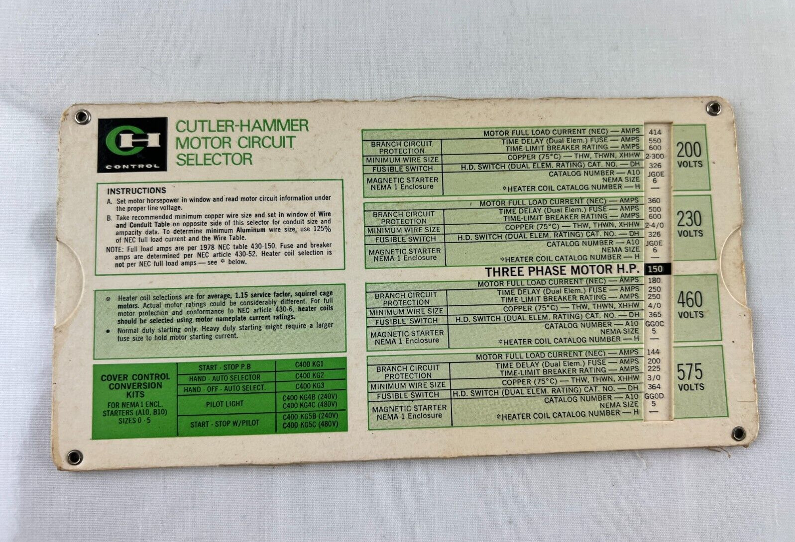 Cutler-Hammer Motor Circuit Selector Slide Rule Chart 1977