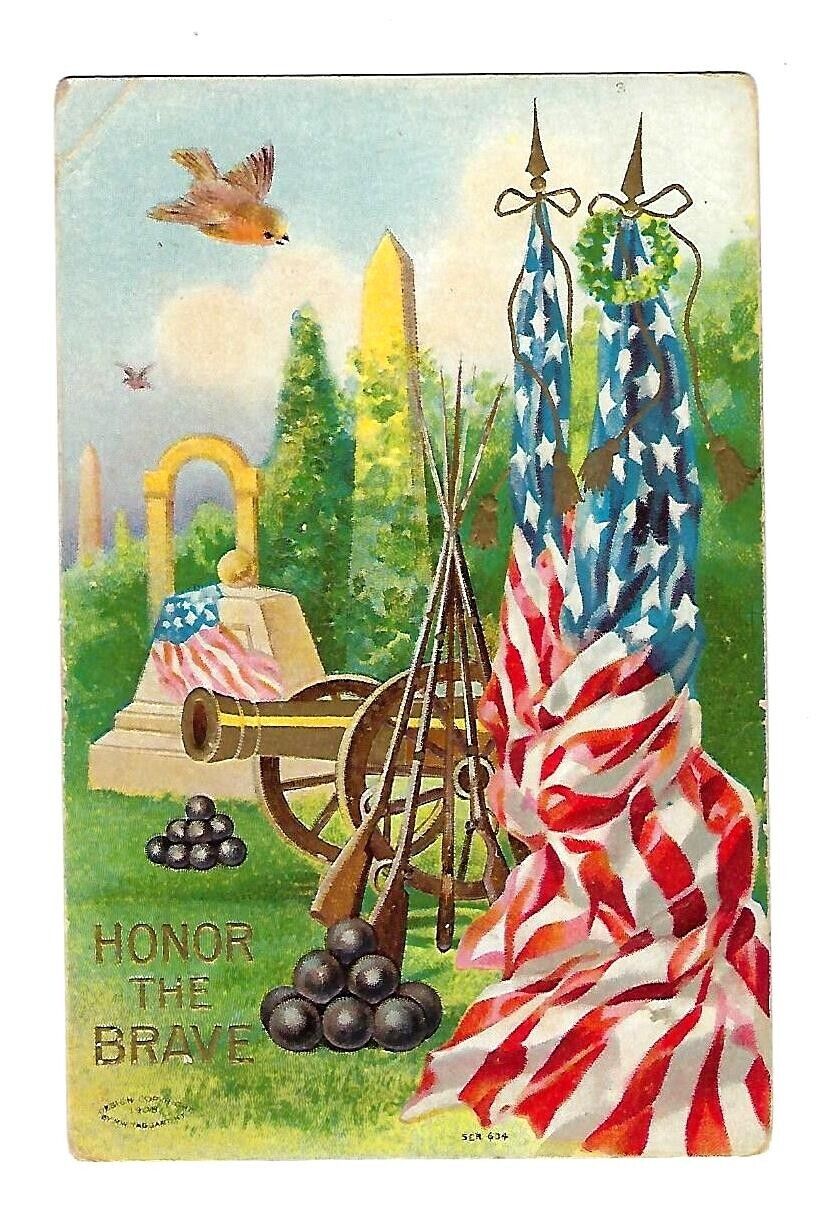 c1910 MW Taggart Patriotic Postcard Canon, US Flags -Embossed