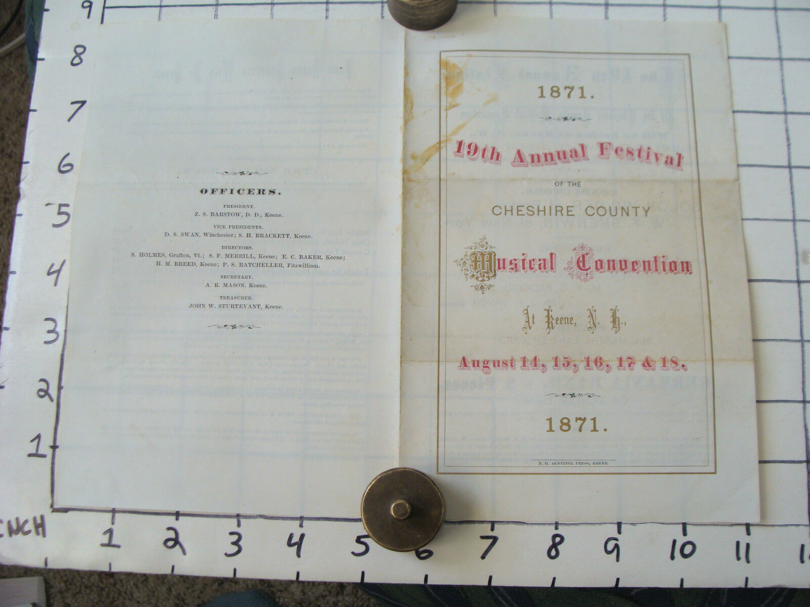 Original Vintage 1871 19th aNNUAL fESTIVAL cheshire county Musical Conv. KEENE