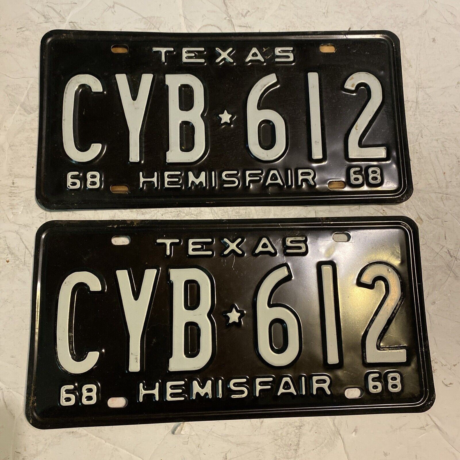 1968 Hemisfair Texas License Plate - Vintage PAIR - CYB 612 - NOS