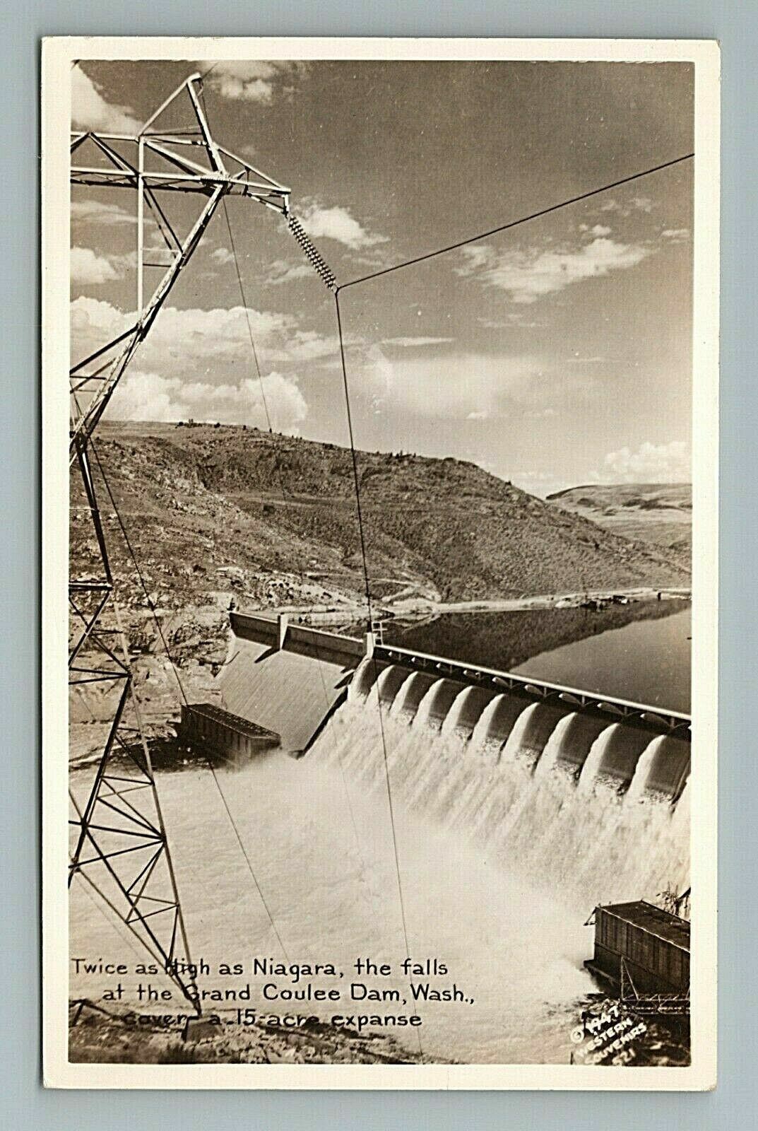 c. 1940s Grand Coulee Dam, Power Lines, Washington State Postcard RPPC