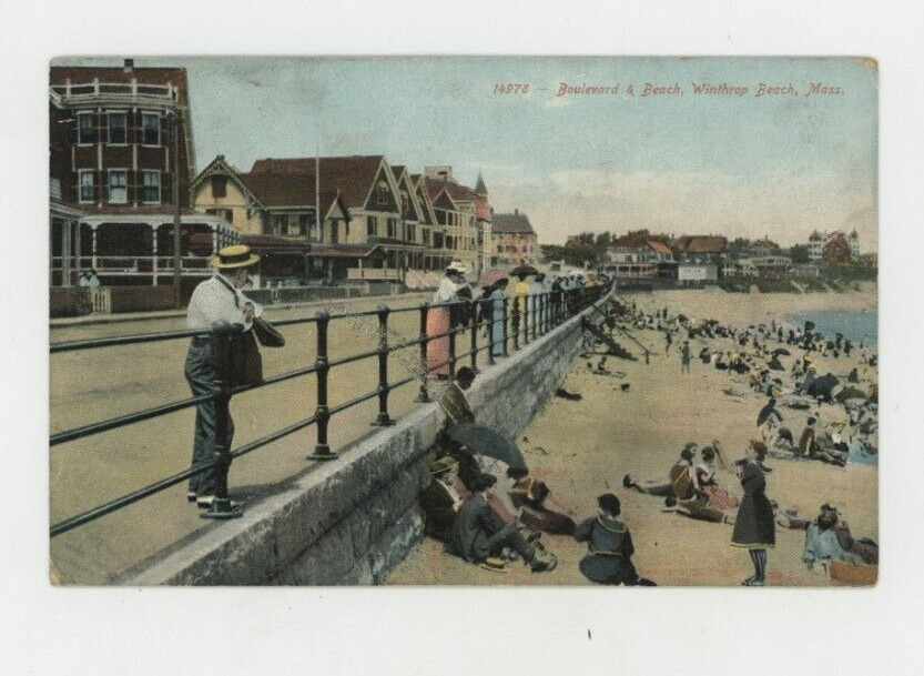 Vintage Postcard MASSACHUSETTS  BOULEVARD & BEACH WINTHROP  BEACH  POSTED 1907