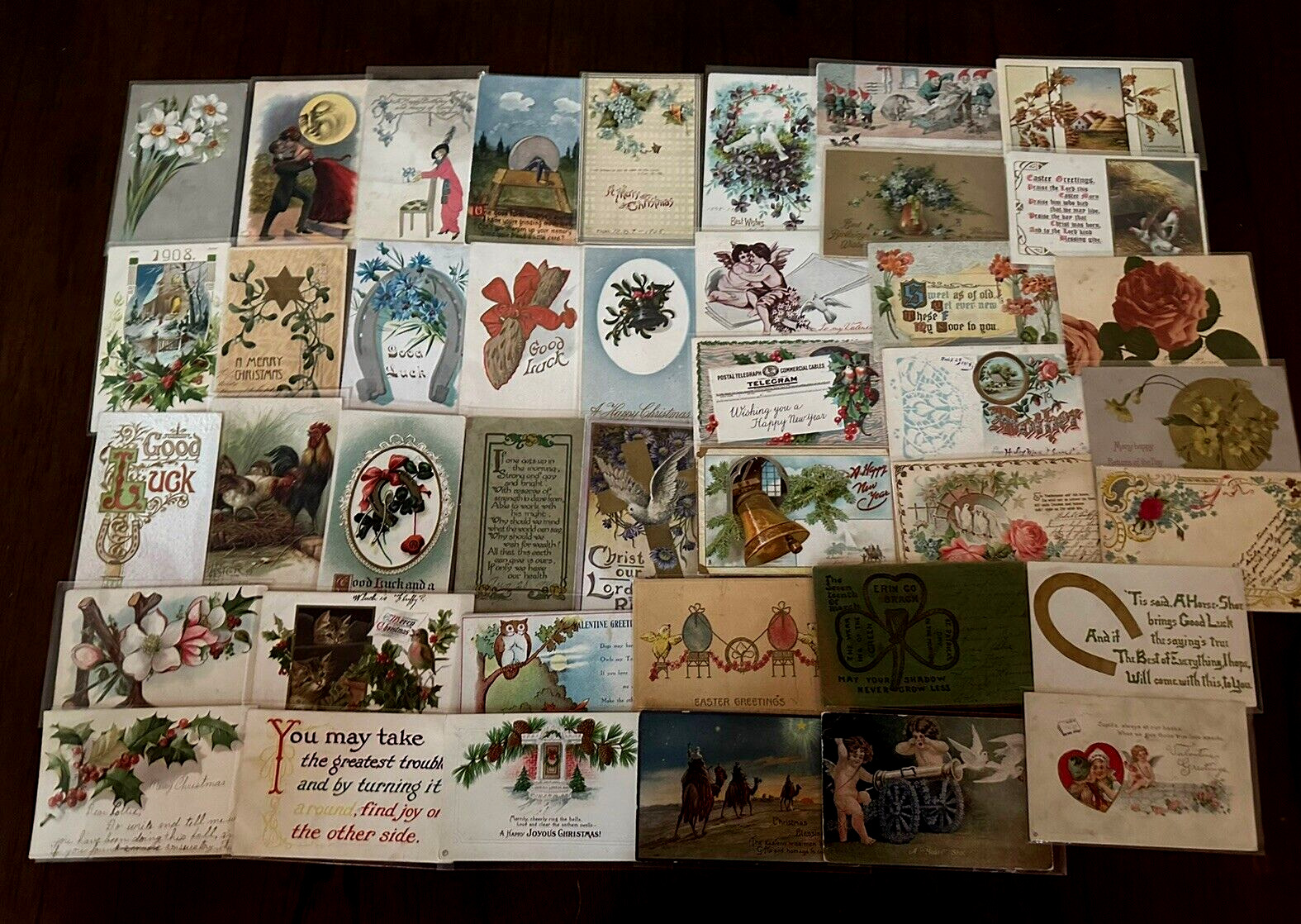 ~Lot of 43 Antique 1900's~Mixed Topics Greetings Postcards~All with stamps-g497