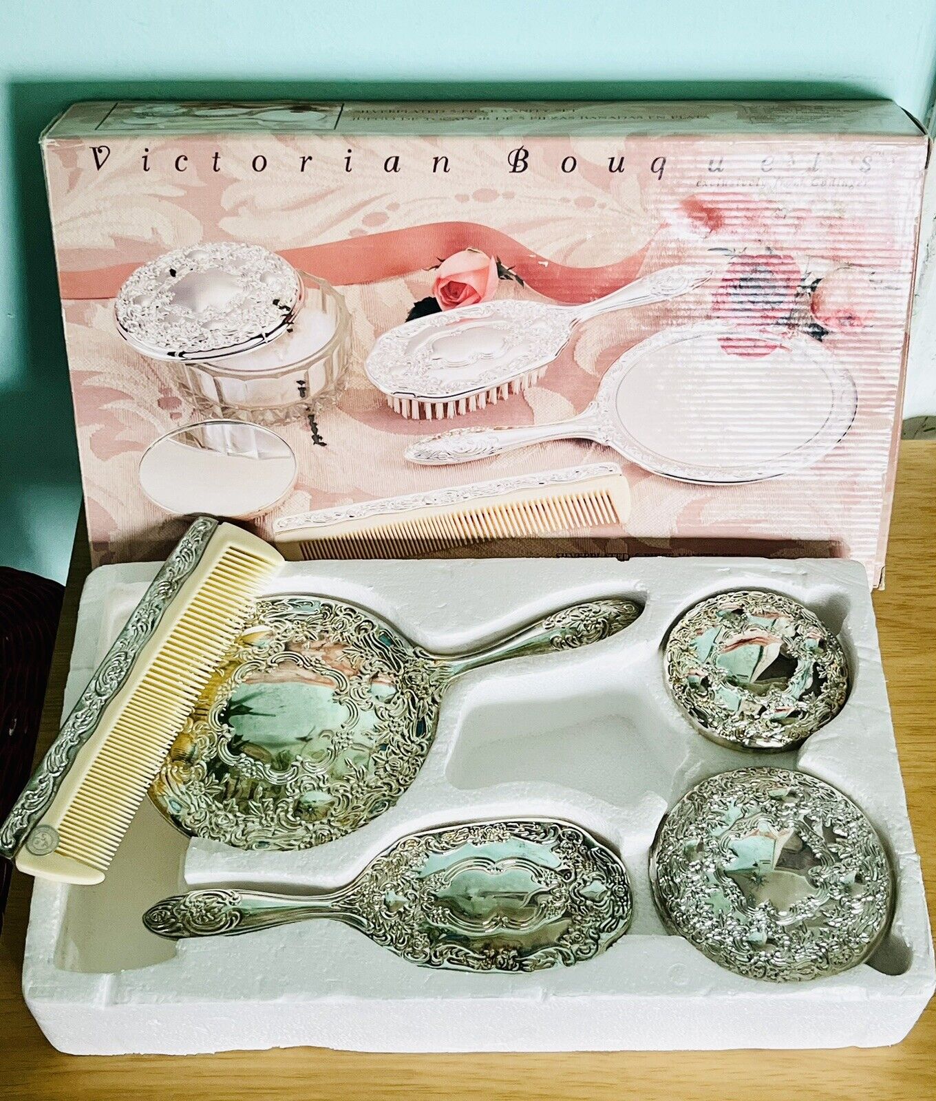 NEW Vintage Victorian Bouquets Silver Plated Vanity Set