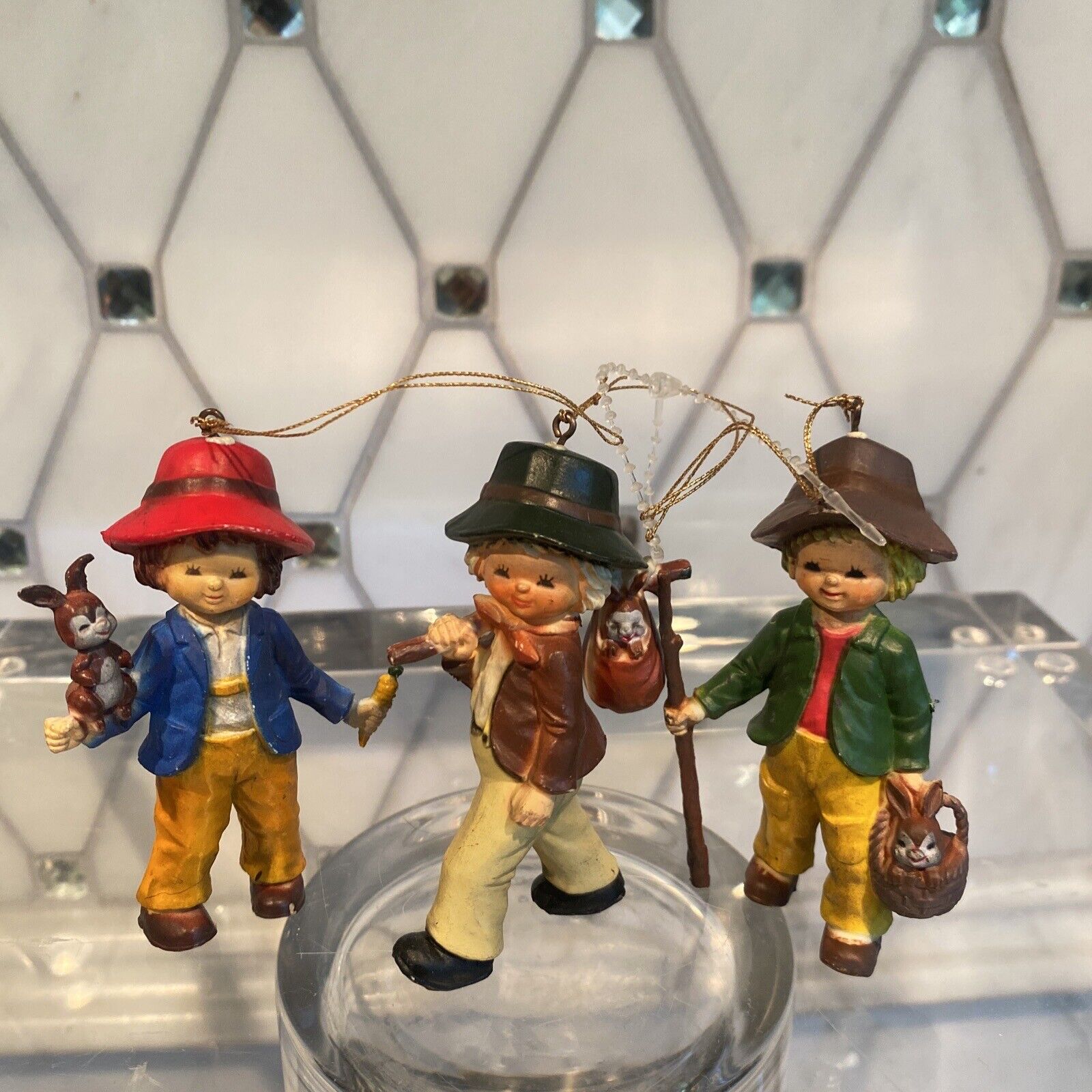 VTG Bradford Christmas Ornaments Lot Of 4, Hard Plastic, Kids Playing In Country