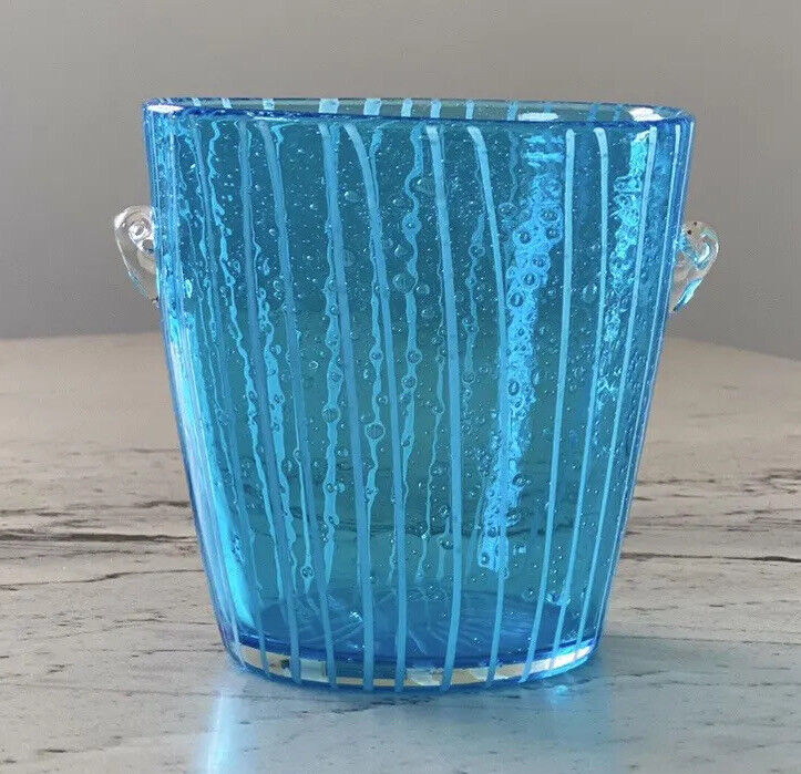 MCM Venini Disaronno Murano Italian  Hand Blown Art Glass Blue Swirl Ice Bucket