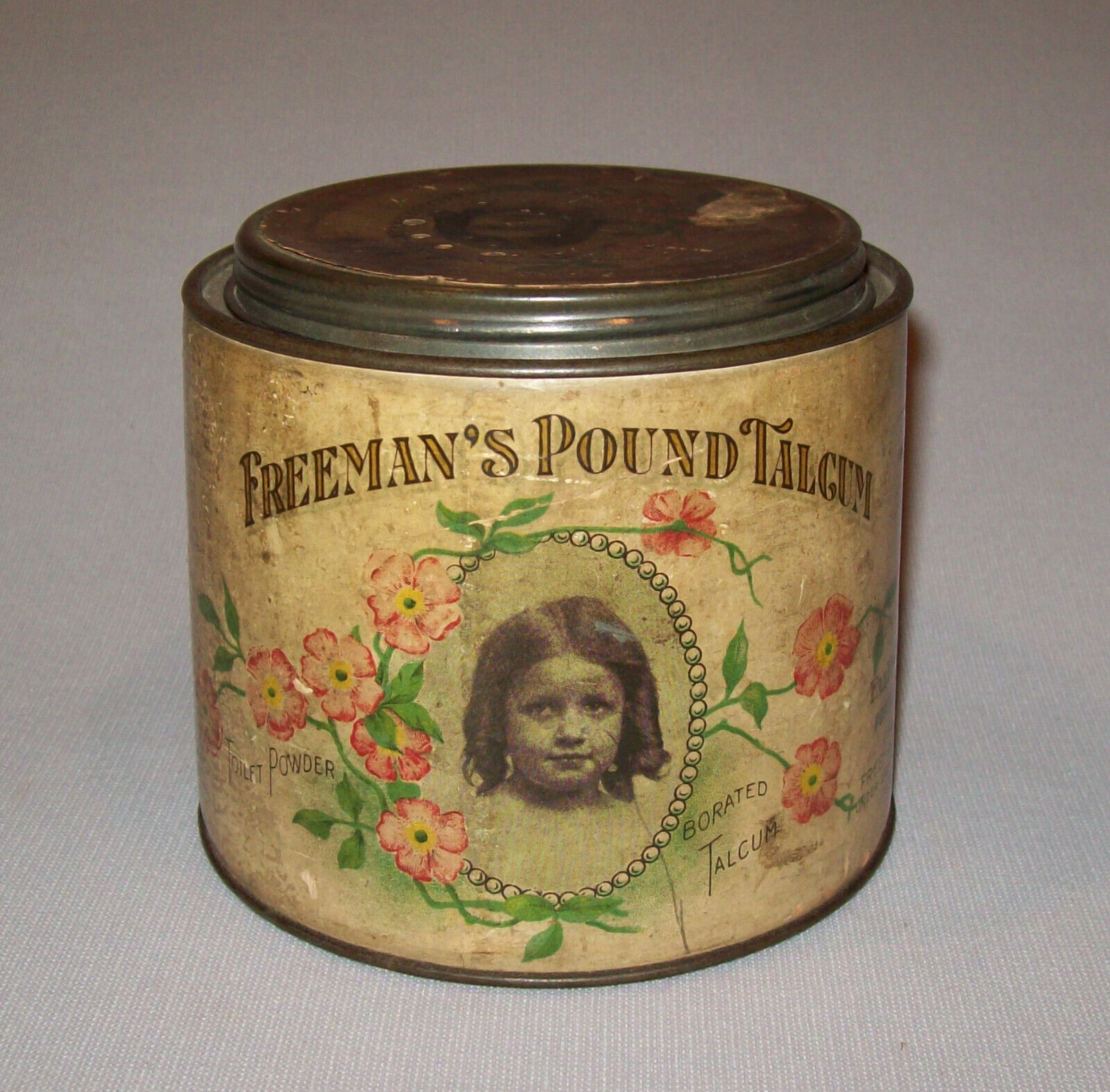 Old Antique Vtg Ca 1900s Freeman\'s Pound Talcum Talc Tin Beautiful Child Graphic