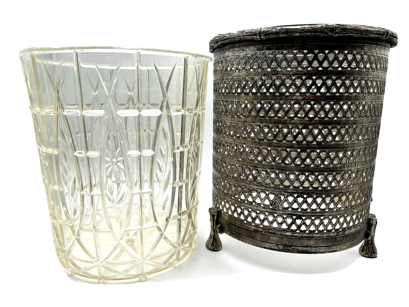Vintage Mid Century Modern Pierced Silver-Tone 2 Piece Waste Basket