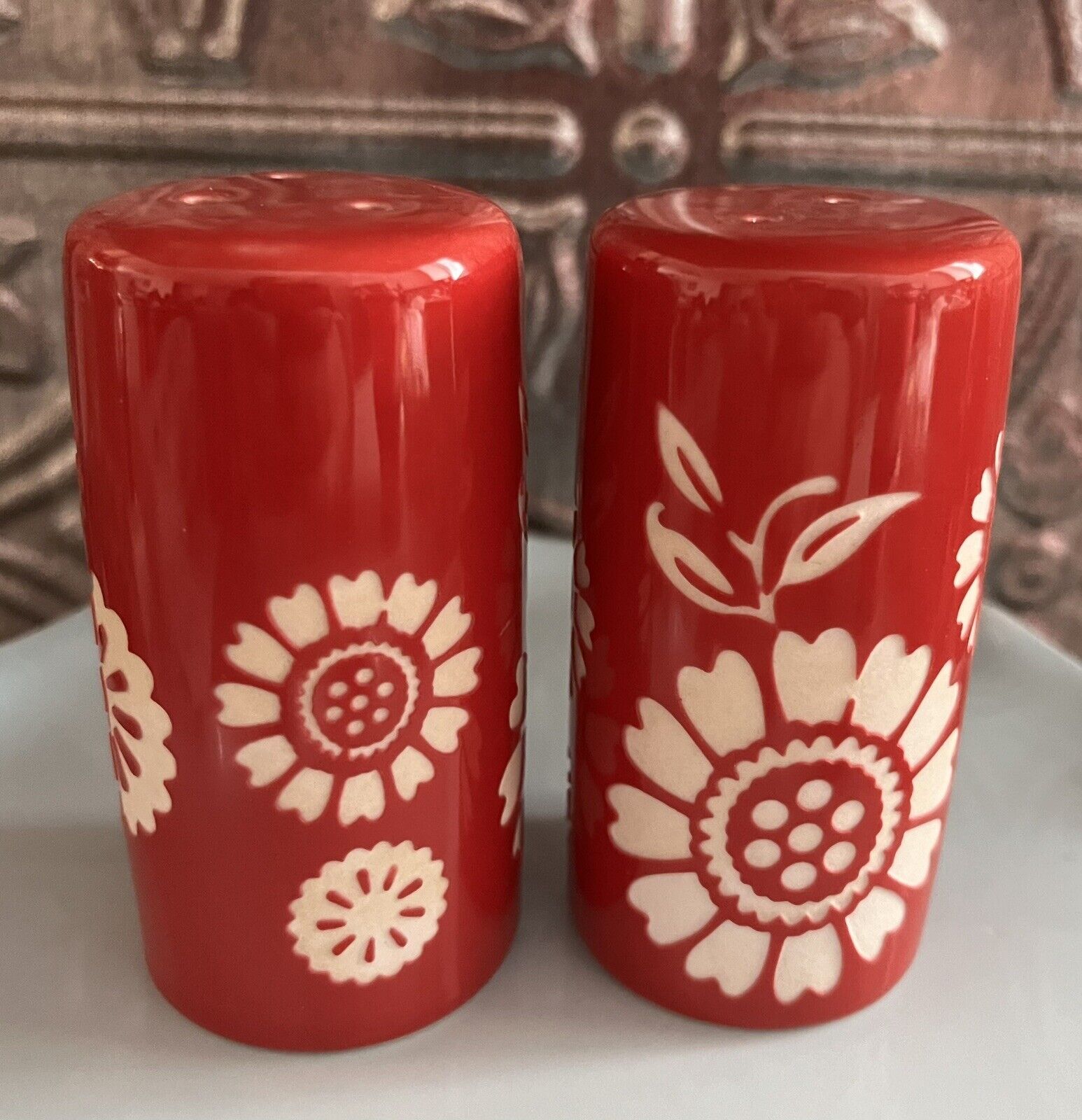 Clay Art Etched Floral Salt & Pepper Shakers In Red