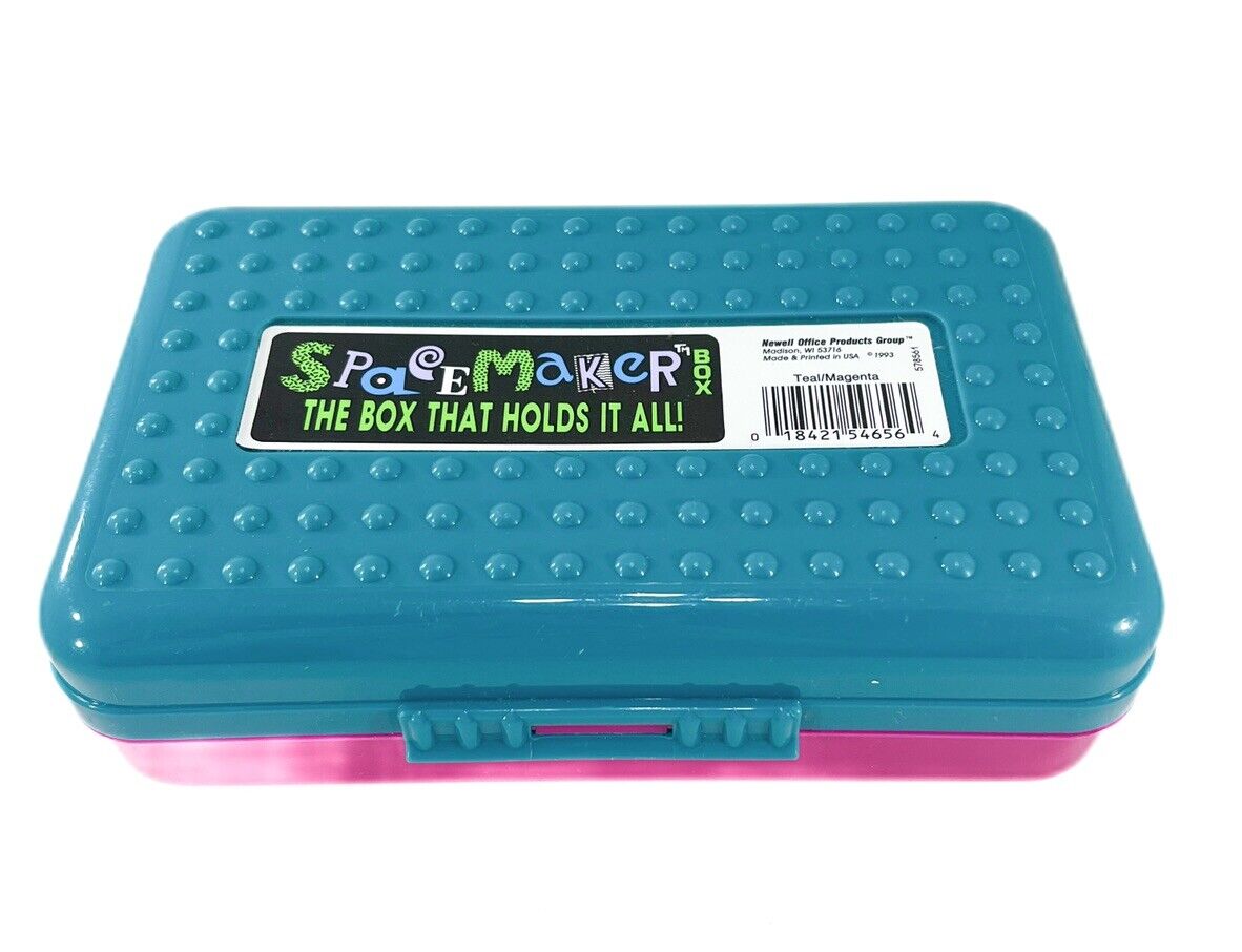 Vintage 90s Spacemaker Pencil Case Box 8x5 Teal Magenta Pink USA Newell Office