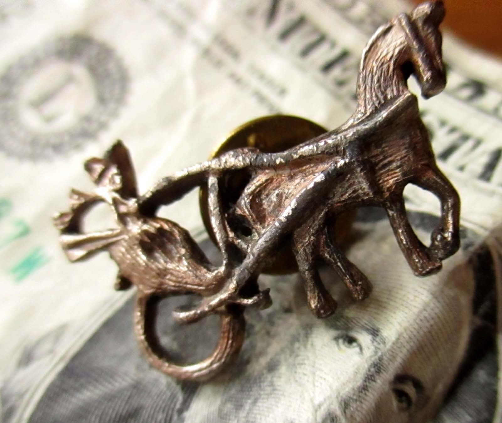 True vintage 50s Rustic Pewter Horse Drawn Amish Pin 