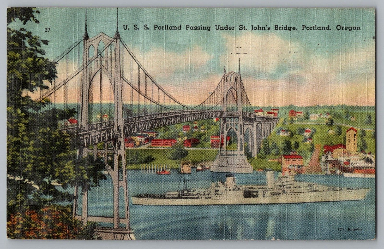 Postcard U.S.S. Portland Passing Under St. John\'s Bridge, Portland, Oregon