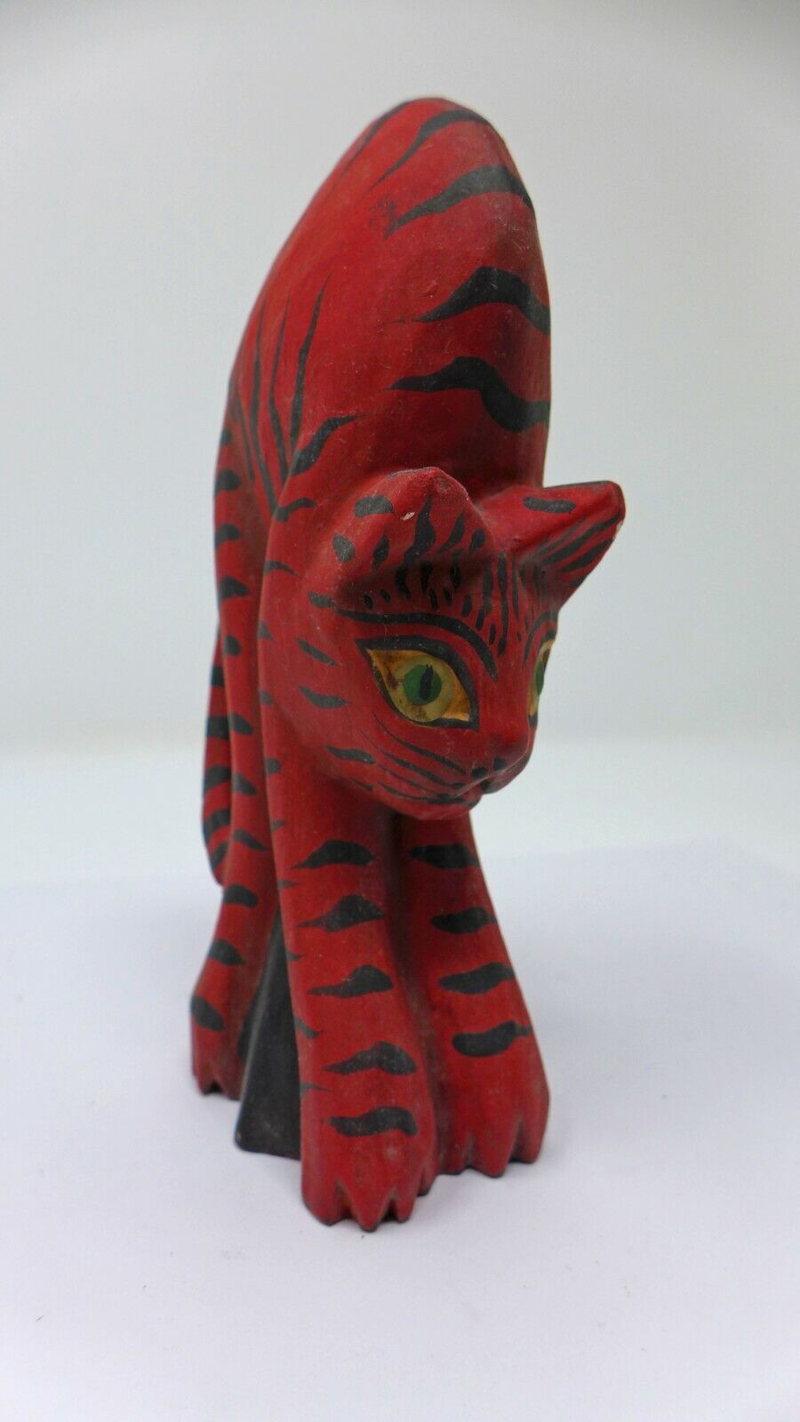 Indonesian / Balinese Handcrafted Small Wooden Red Striped Cat Arching Statue