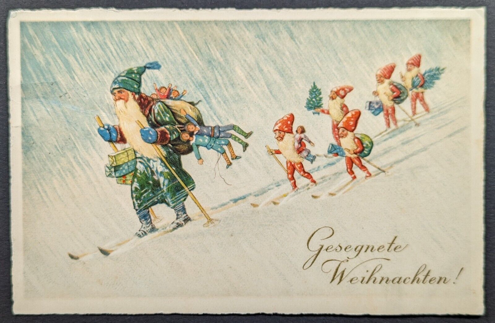 Postcard Vintage Christmas Blue Robe Santa Elf Skiing Ski Toys
