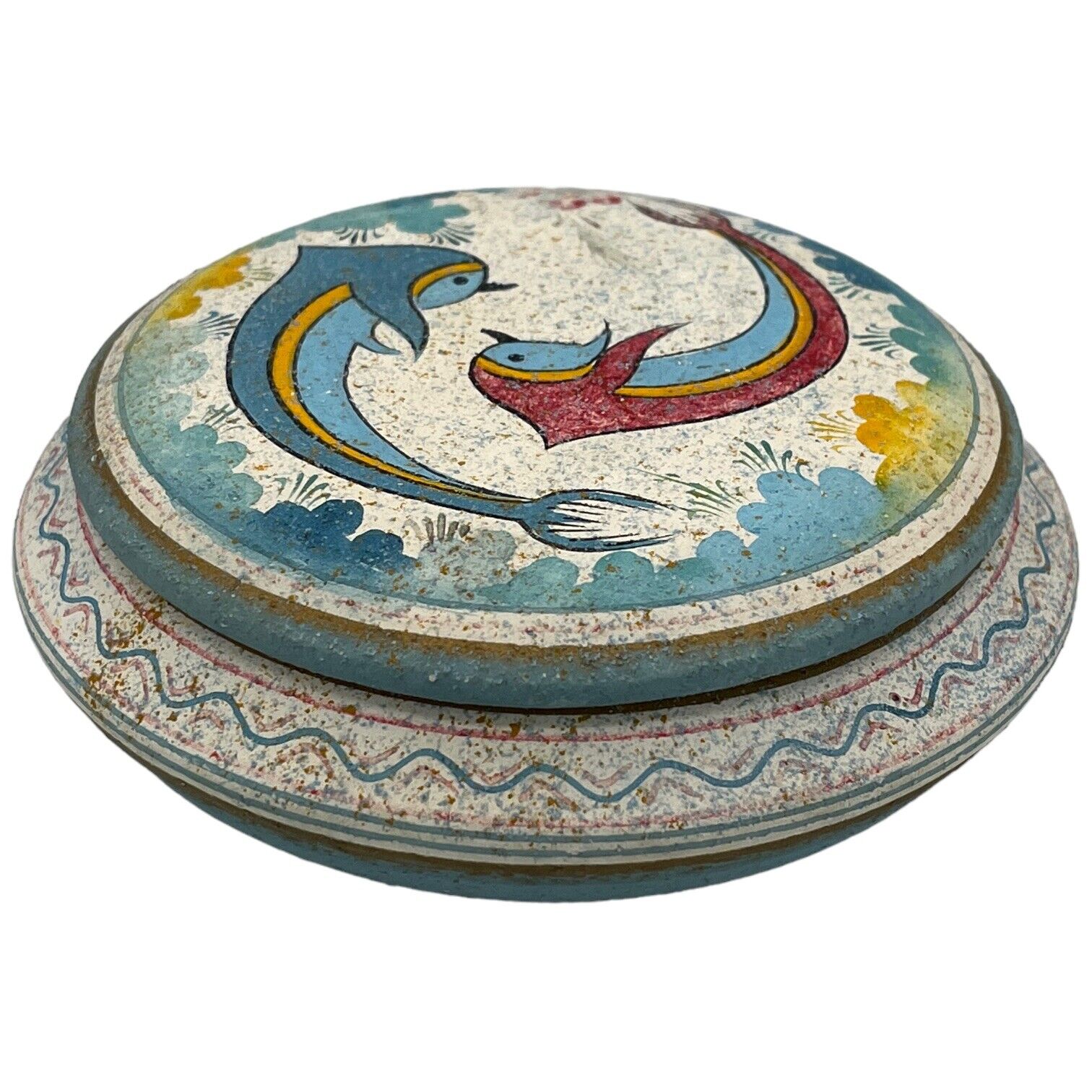 KRETA Copy 1500 BC Trinket Vanity Box with Lid Fish Dolphin Colorful Sand Finish