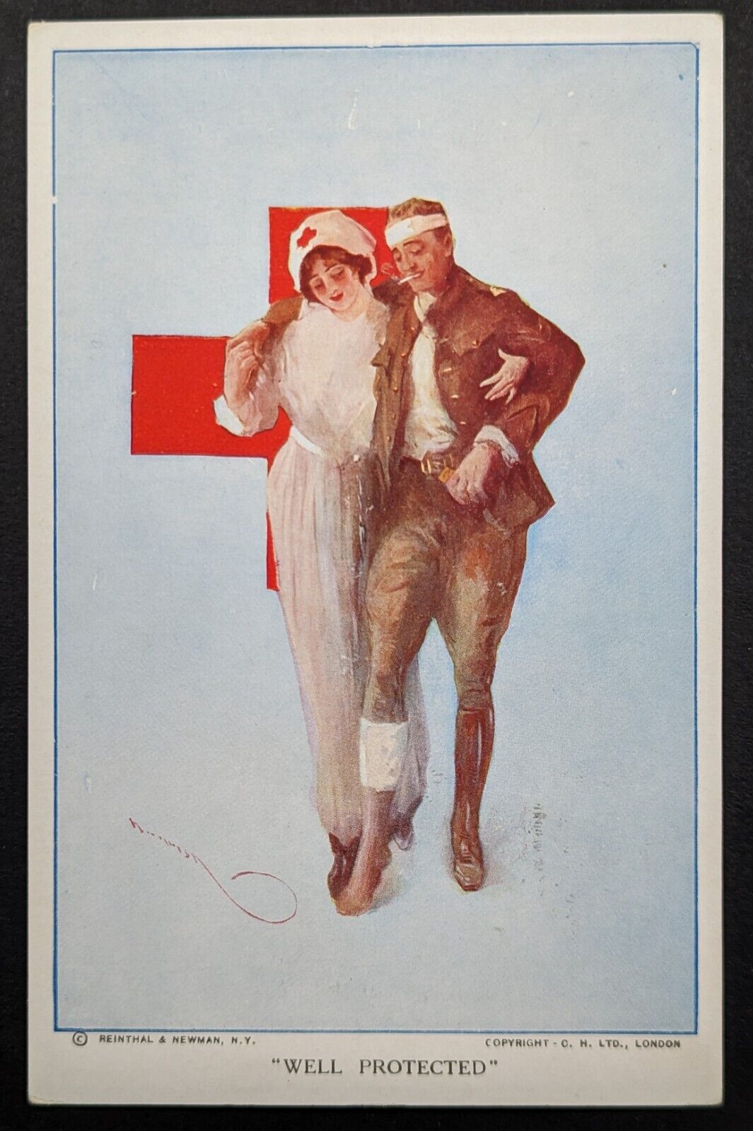 Postcard Vintage War Nurse Red Cross Holding Injured Soldier