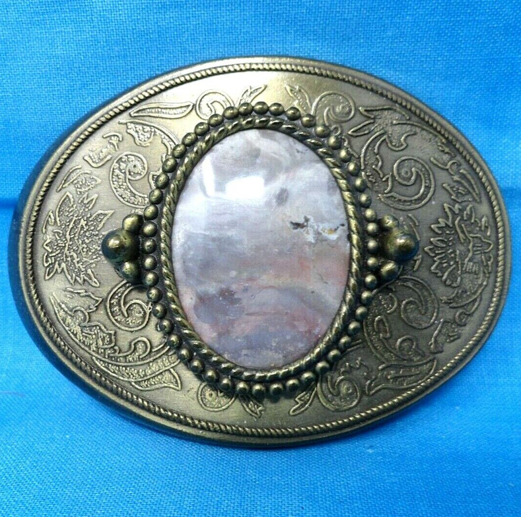 Classic Western Belt Buckle Pink & Gray Agate Stone Mount Vtg 80s 90s    .CVB133