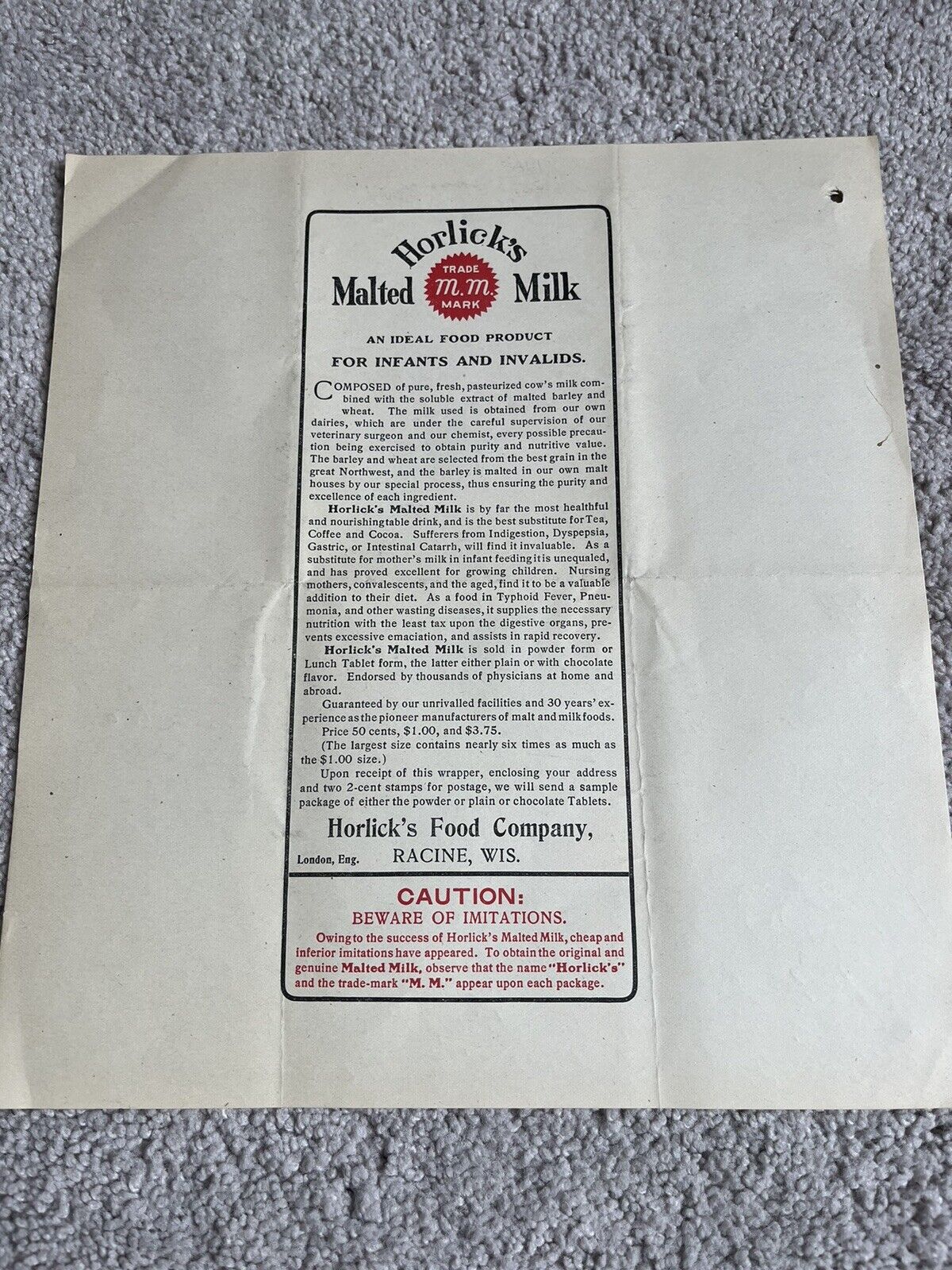 Vintage Horlick’s Food Company Malted Milk Paper Flyer Advertisement Racine Wi
