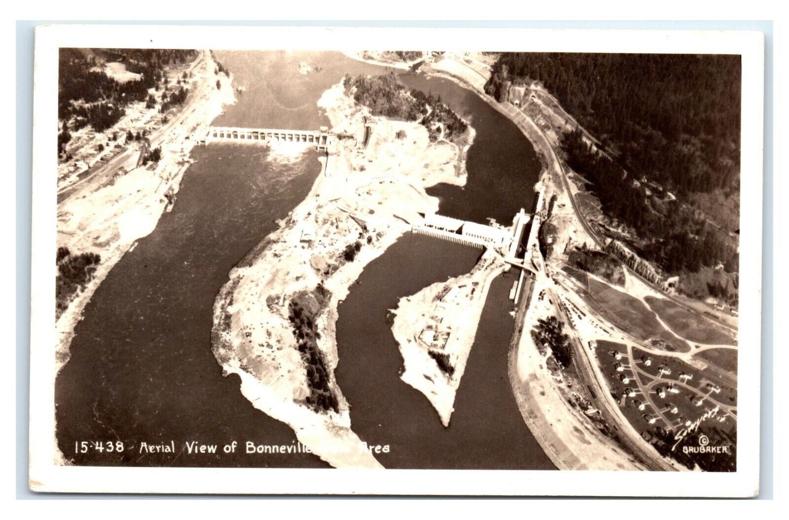 Postcard Aerial View of Bonneville Dam Area, Oregon OR RPPC N2