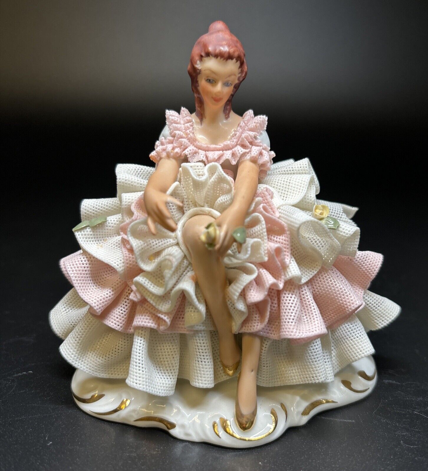Dresden Germany Porcelain Lace Lady Sitting Exposed Leg  CROWN N Western Germany