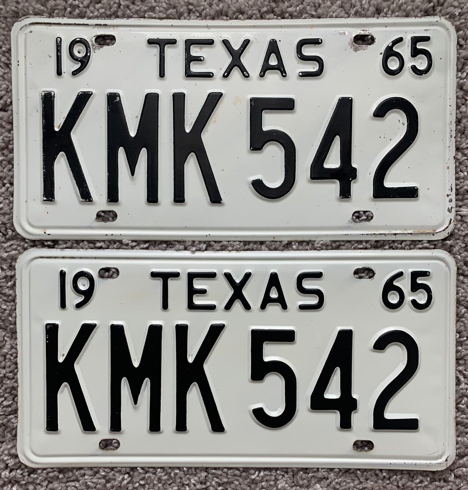 Vintage 1965 Texas License Plates- 2 Plate Set  KMK 542