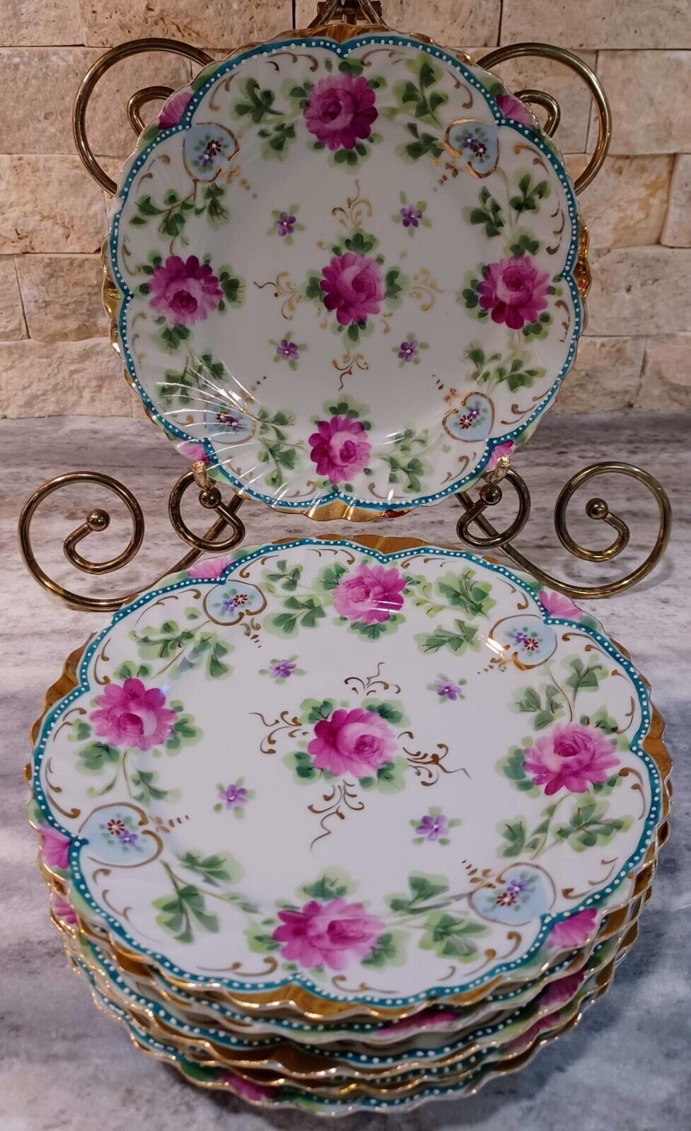 Antique Floral and Gold Edge Cabinet Plate Set 7 1/8\