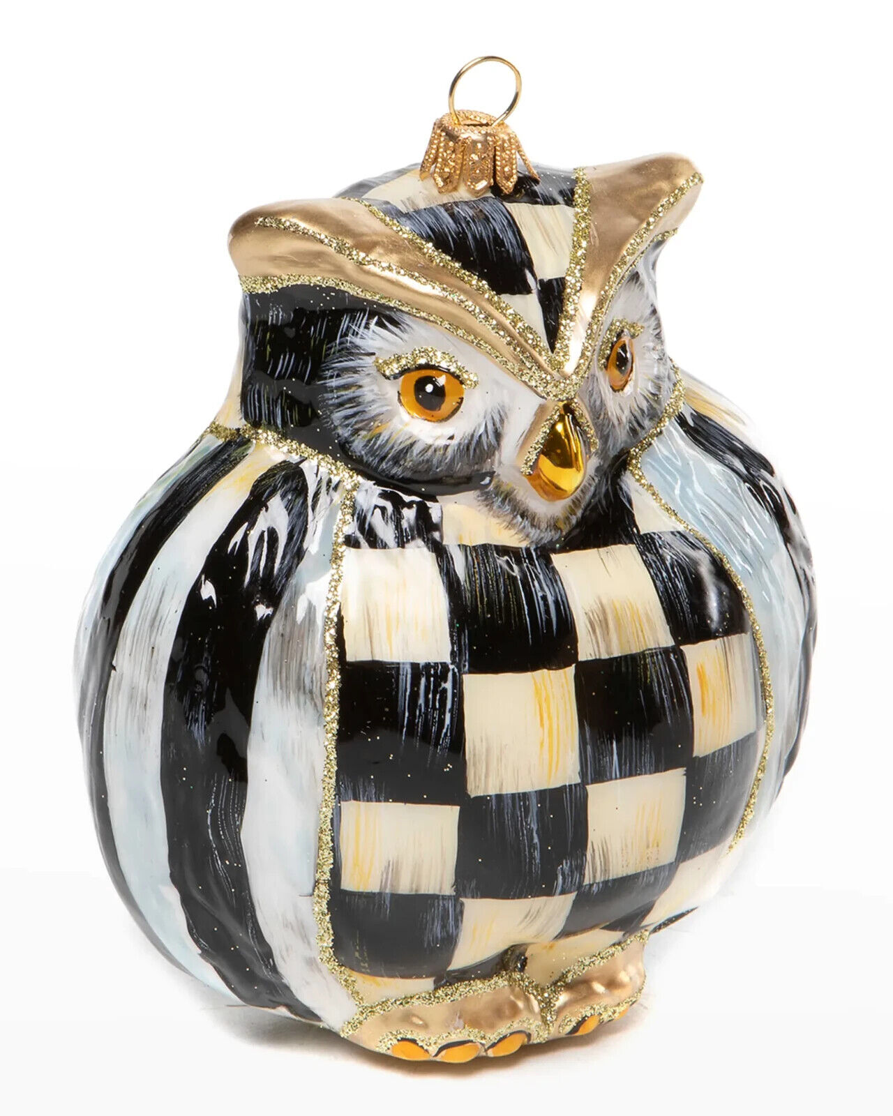 Brand New Mackenzie Childs Holiday Courtly Owl Glass Ornament