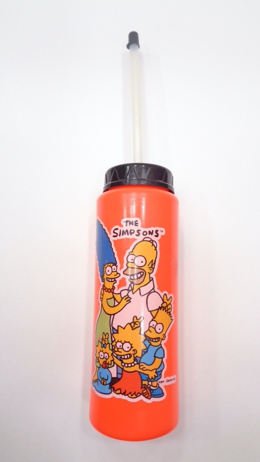 Vintage THE SIMPSONS 1990 Water Bottle NEON ORANGE w/ Straw - Likely Never Used
