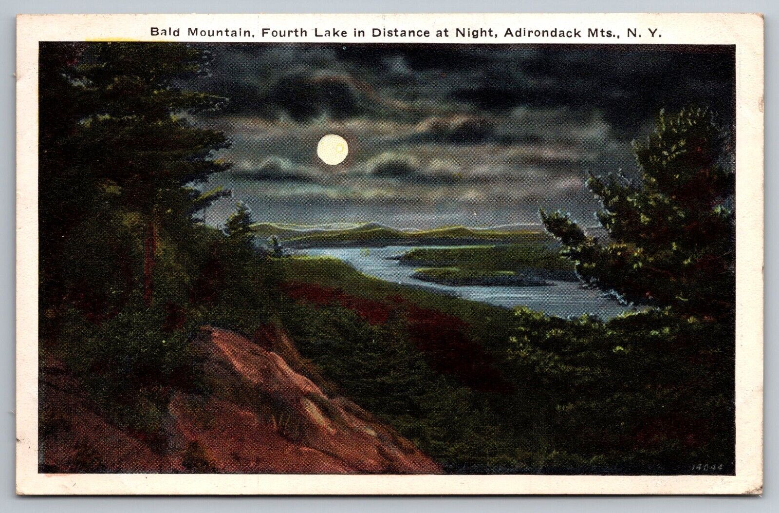 Bald Mountain, Fourth Lake at Night. Adirondacks NY Vintage Postcard