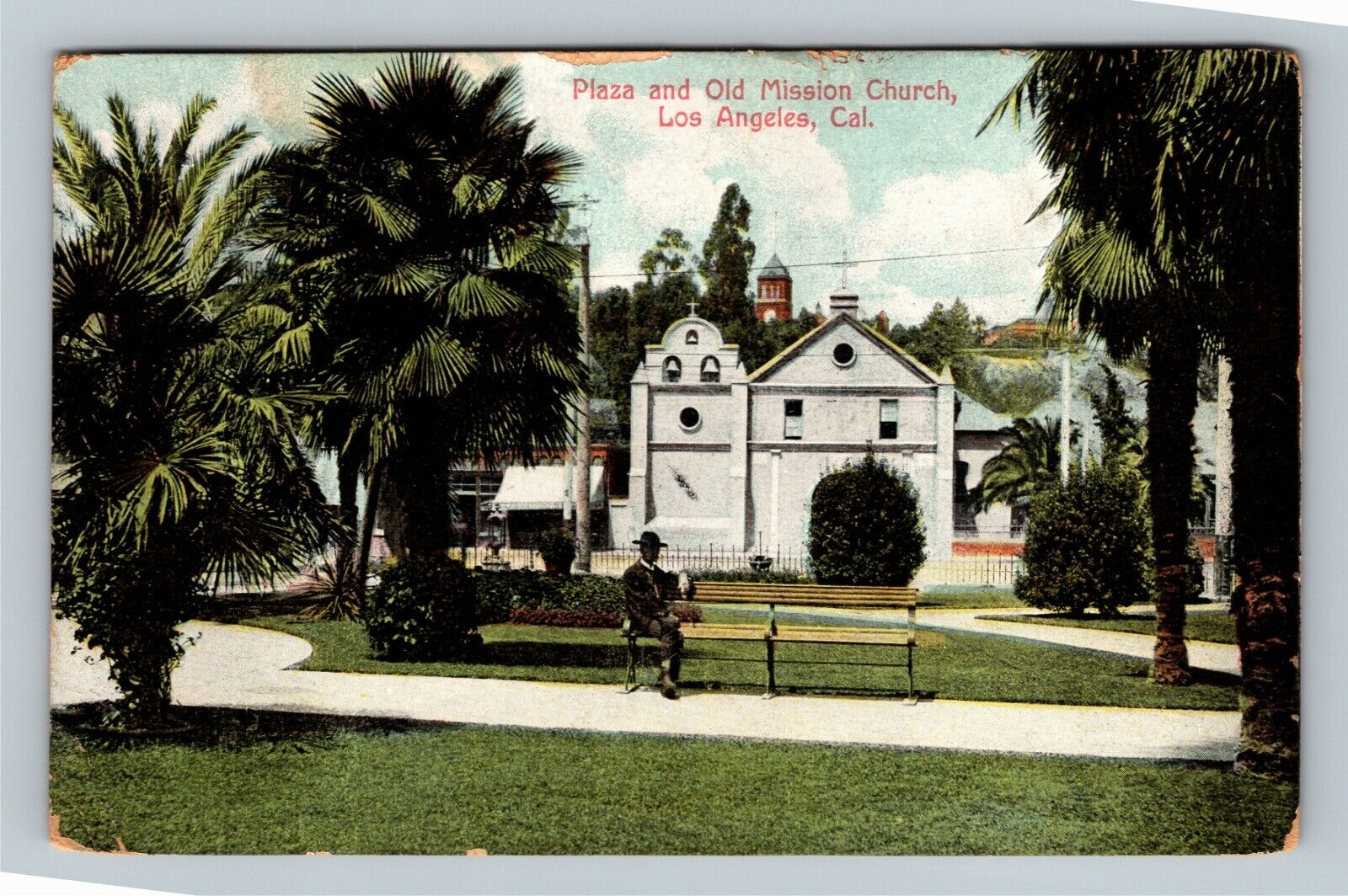 Plaza And Old Mission Church, Los Angeles California Vintage Postcard