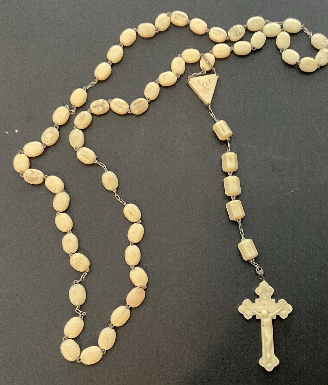 Vintage Sculpted Cesar Civelli Ivorine Beads 1950  Catholic Rosary, Used