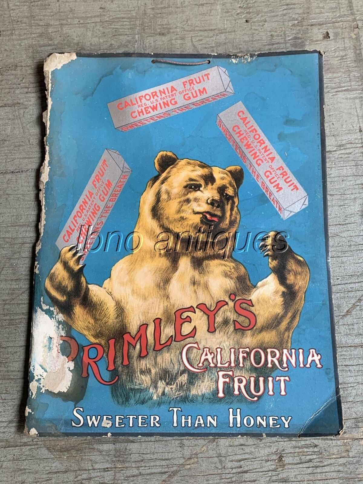 1890S PRIMLEY\'S CALIFORNIA FRUIT CHEWING GUM LITHO CARDBOARD AD.