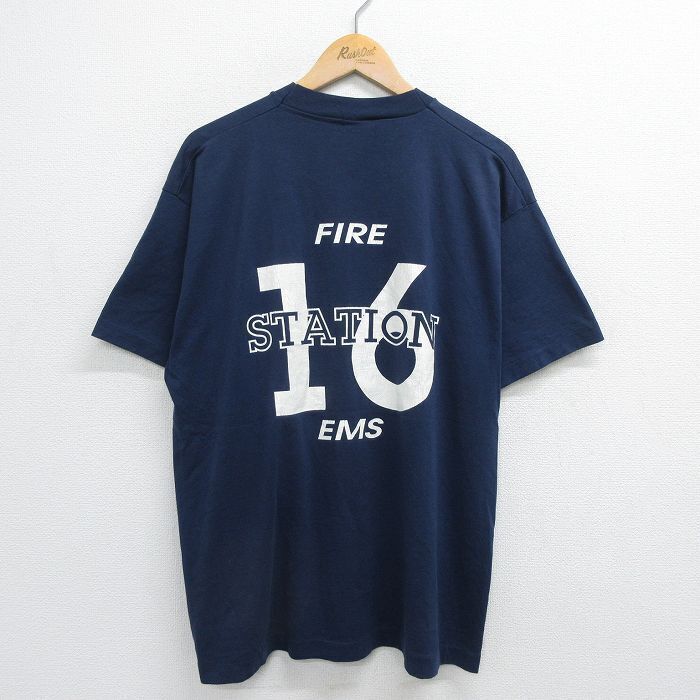 Xl/Used Short Sleeve Vintage T-Shirt Men\'S 90S Fire Department 16 Crew Neck Navy