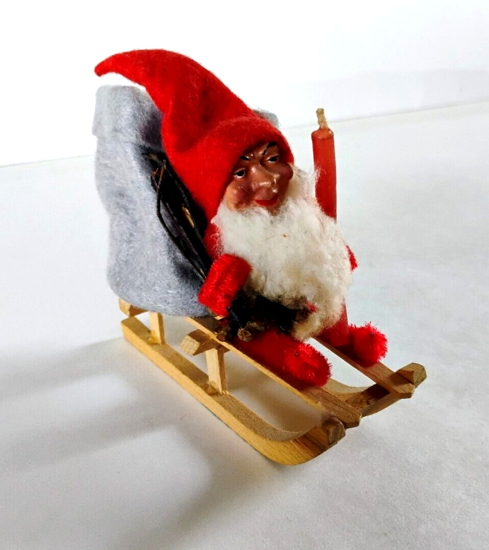 Pine Cone Elf Gnome Dwarf with Candle on Sled with Large Sack Germany