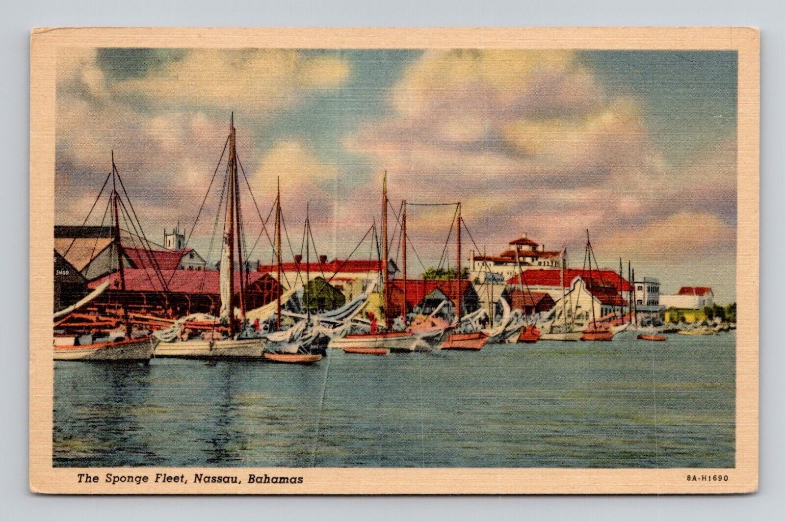 Postcard Sponge Fleet in Nassau Bahamas, Vintage Linen N2