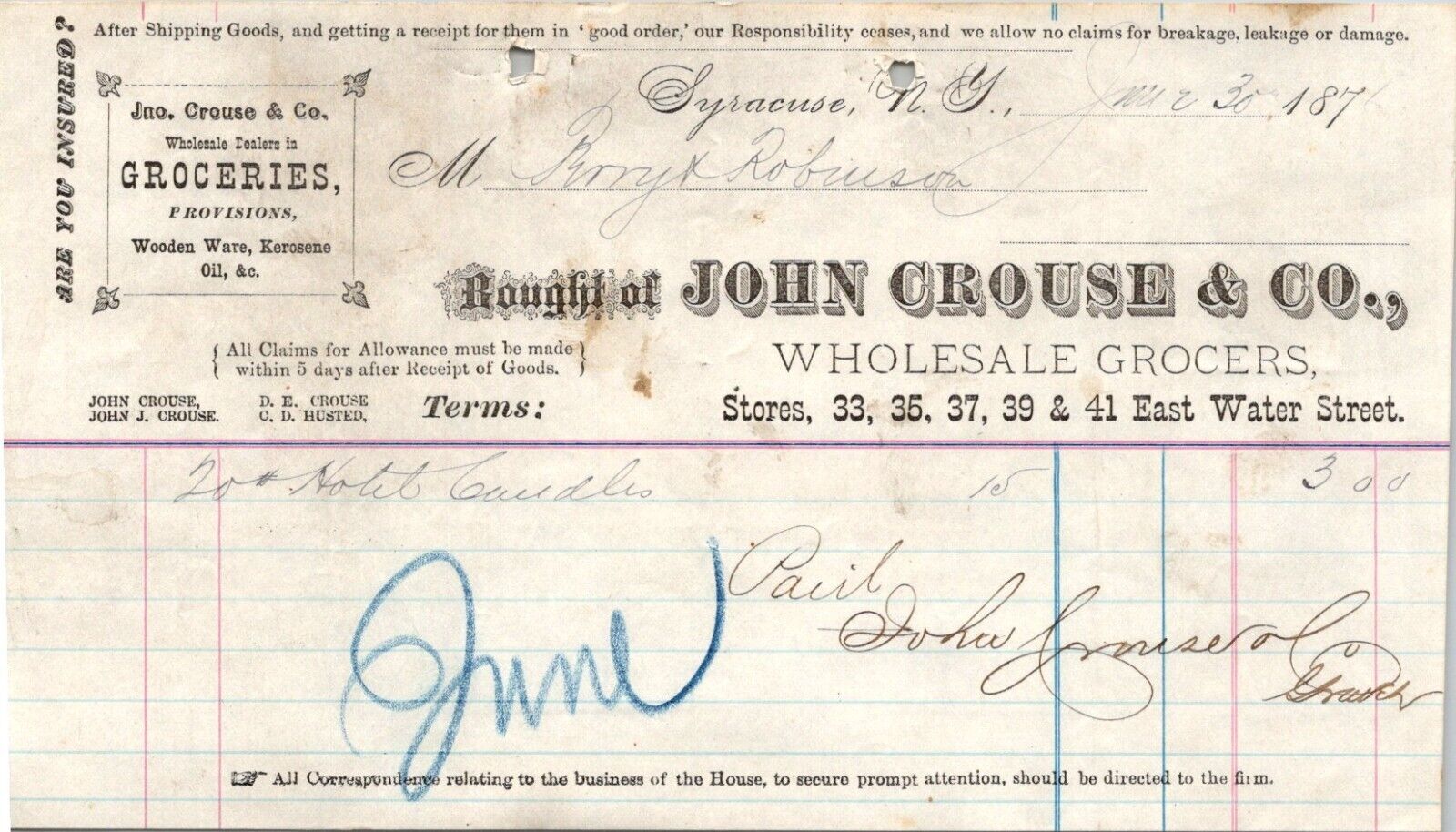 1876 John Crouse Wholesale Grocers  Wooden Ware Kerosene SYRACUSE NY  AC278