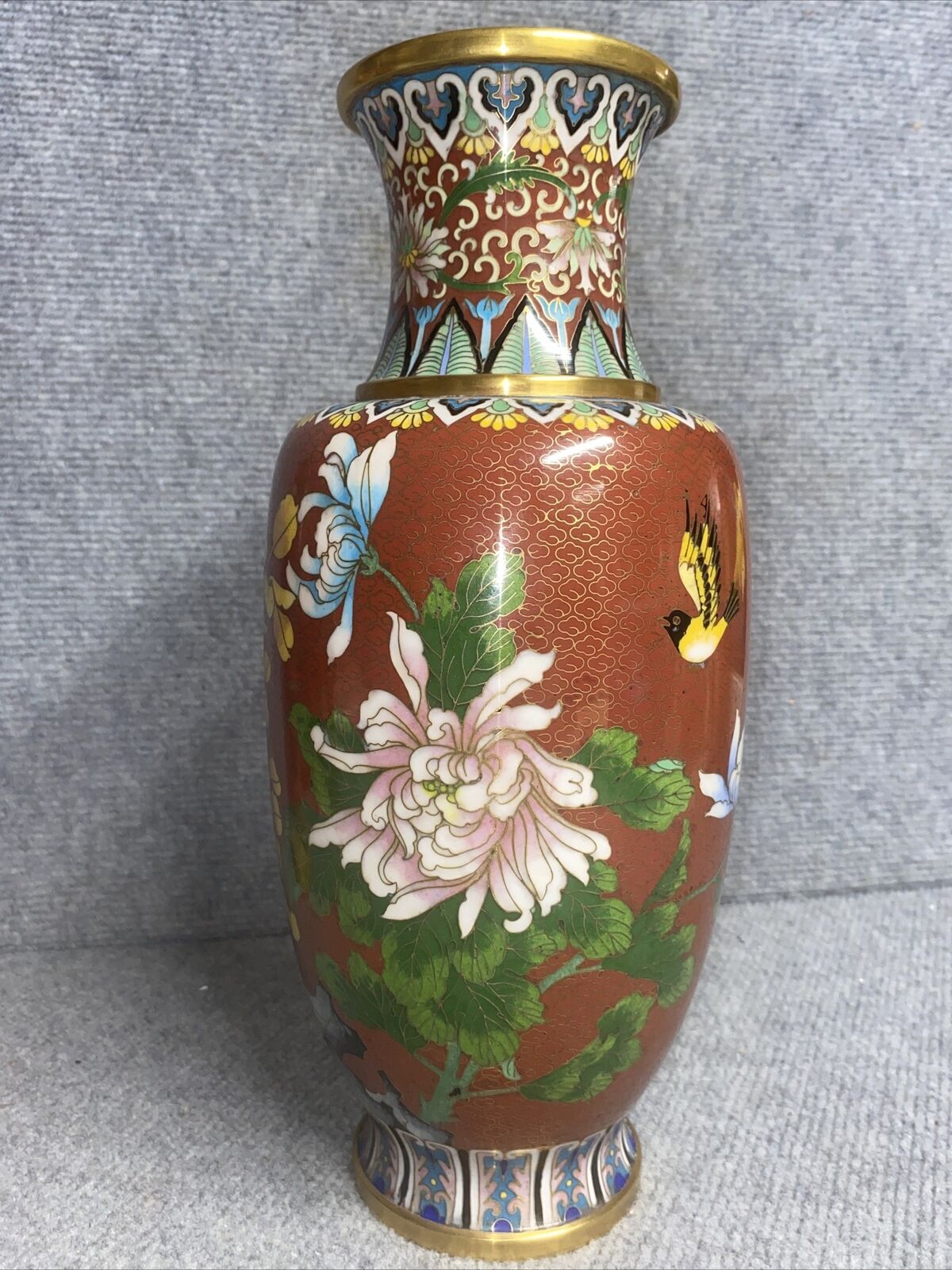Antique 12” Cloisonné Marked Japanese Or Chinese Vase Brass Stunning