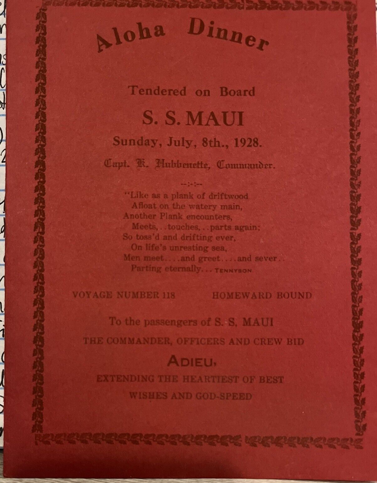 very rare menu/dance card July 8, 1928 SS Maui Aloha Dinner homeward bound