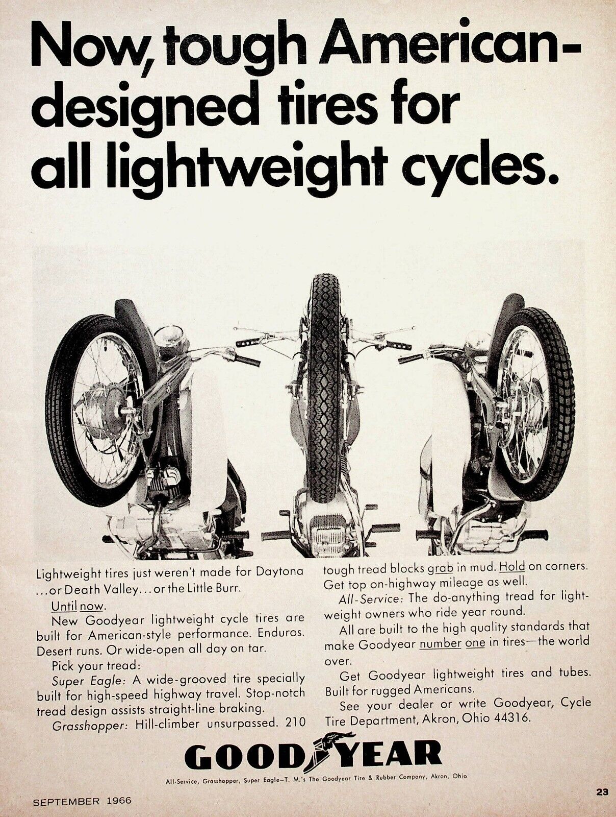 1966 Goodyear Lightweight Motorcycle Tires - Vintage Ad