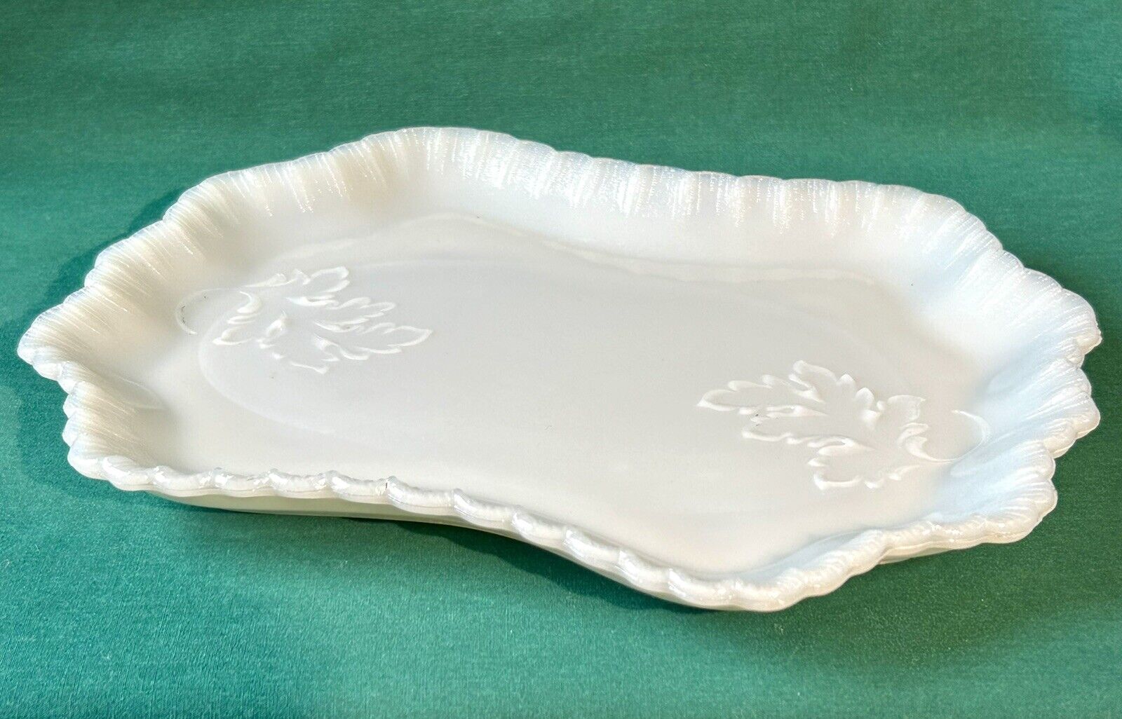 Dithridge Opaline Milk Glass Dresser Vanity Tray Antique Victorian Leaf Scallop