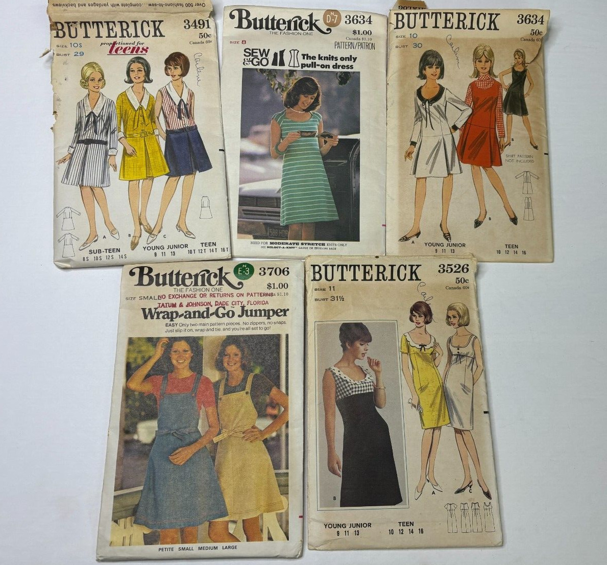 Lot Of  5 ~Vintage Patterns Butterick  # 3491 3634 3634 3526 3706
