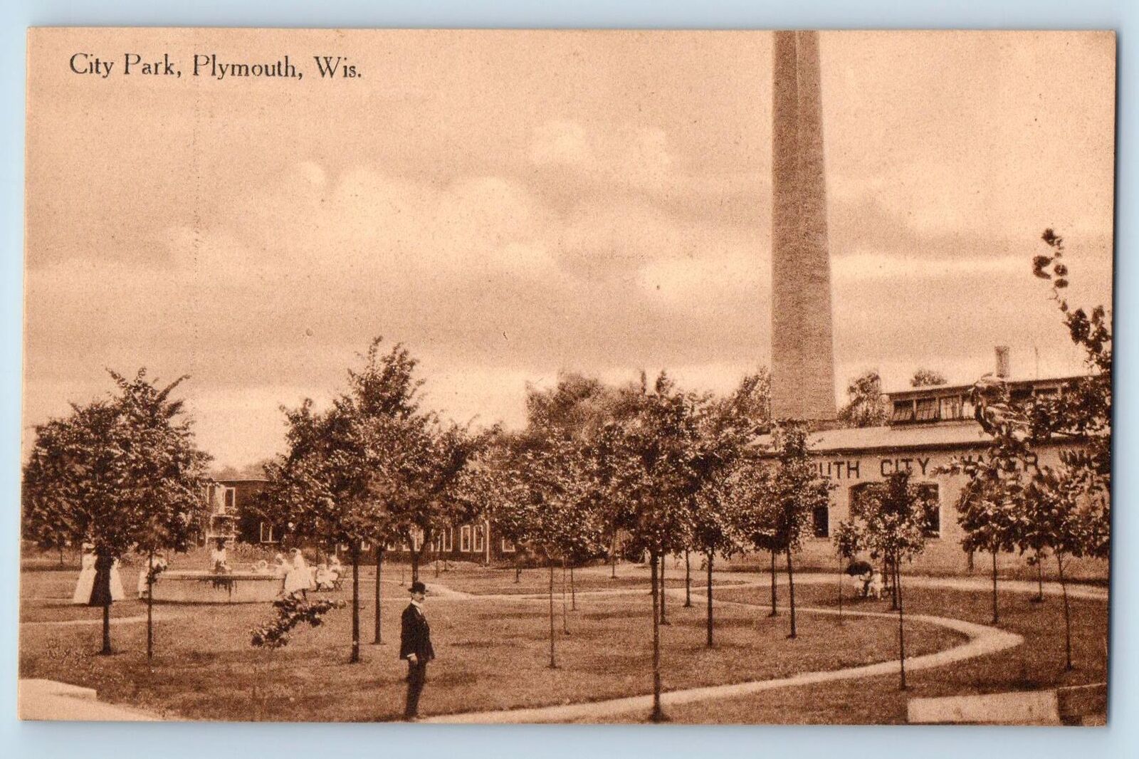 c1910's City Park Gentleman & Children's Playing Plymouth Wisconsin WI Postcard