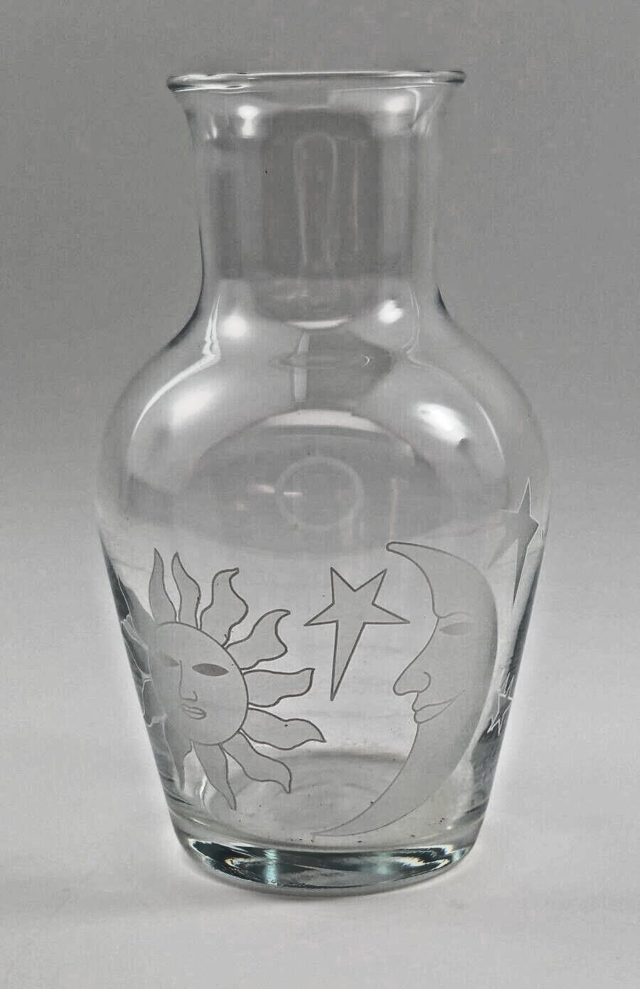 Vtg Celestial Glass Carafe/Vase Etched Sun Moon Stars 6.75”-Boho Tarot Decor