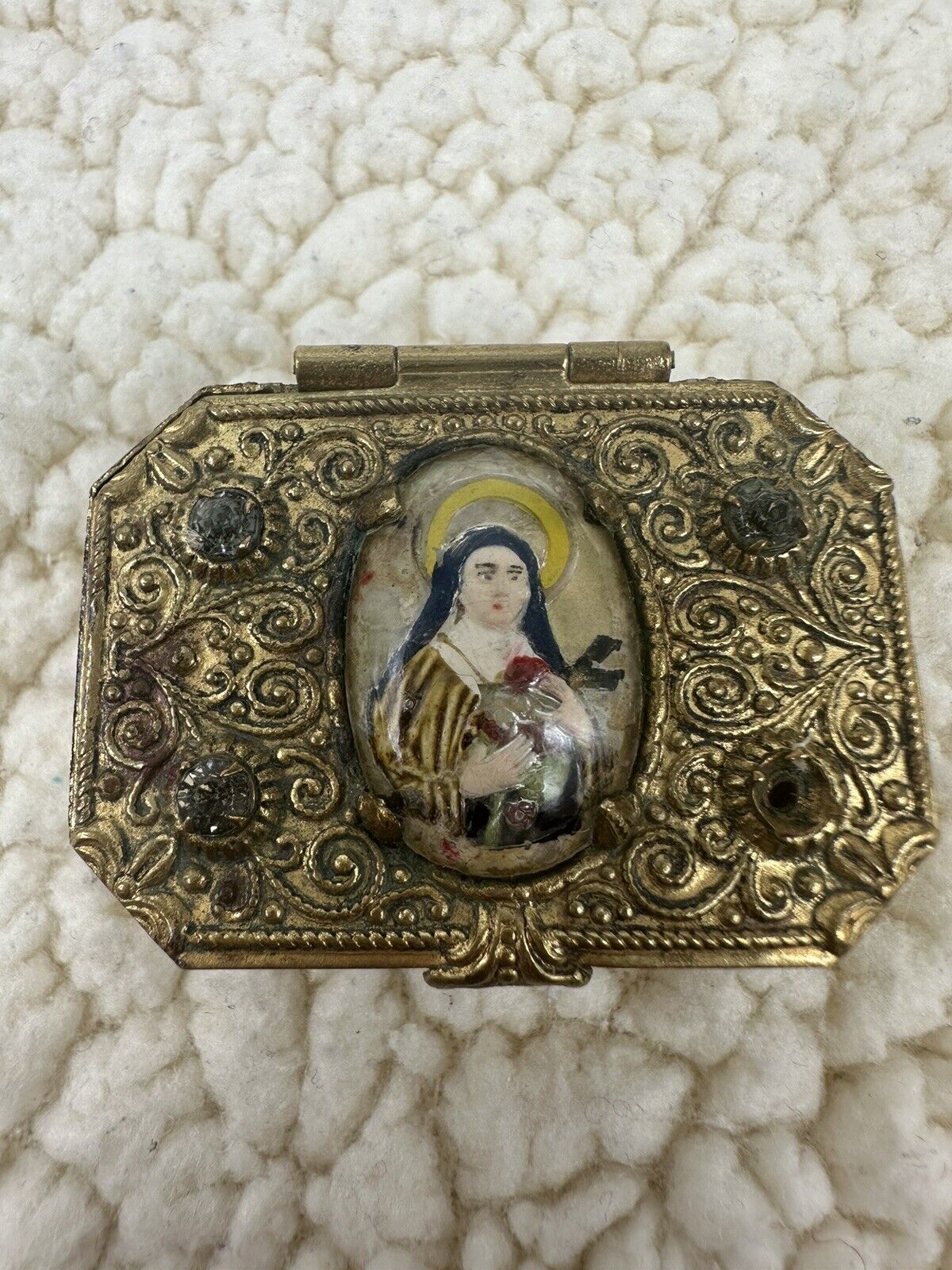 Antique Gold Tone Rosery Box With Reverse Painted Glass Of Mother Mary