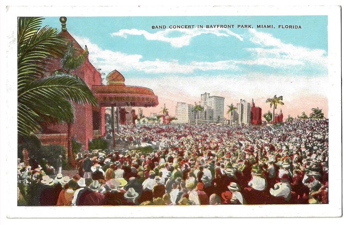 Miami Florida c1920's Band Concert in Bayfront Park, crowds of men and women