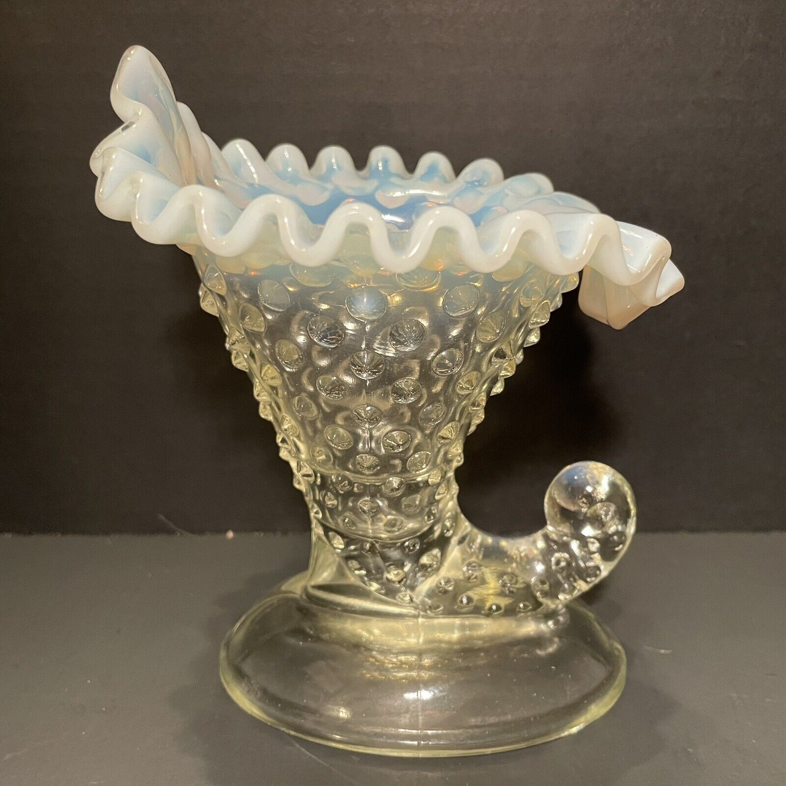 Fenton Art Glass White Opalescent Hobnail Cornucopia Vase