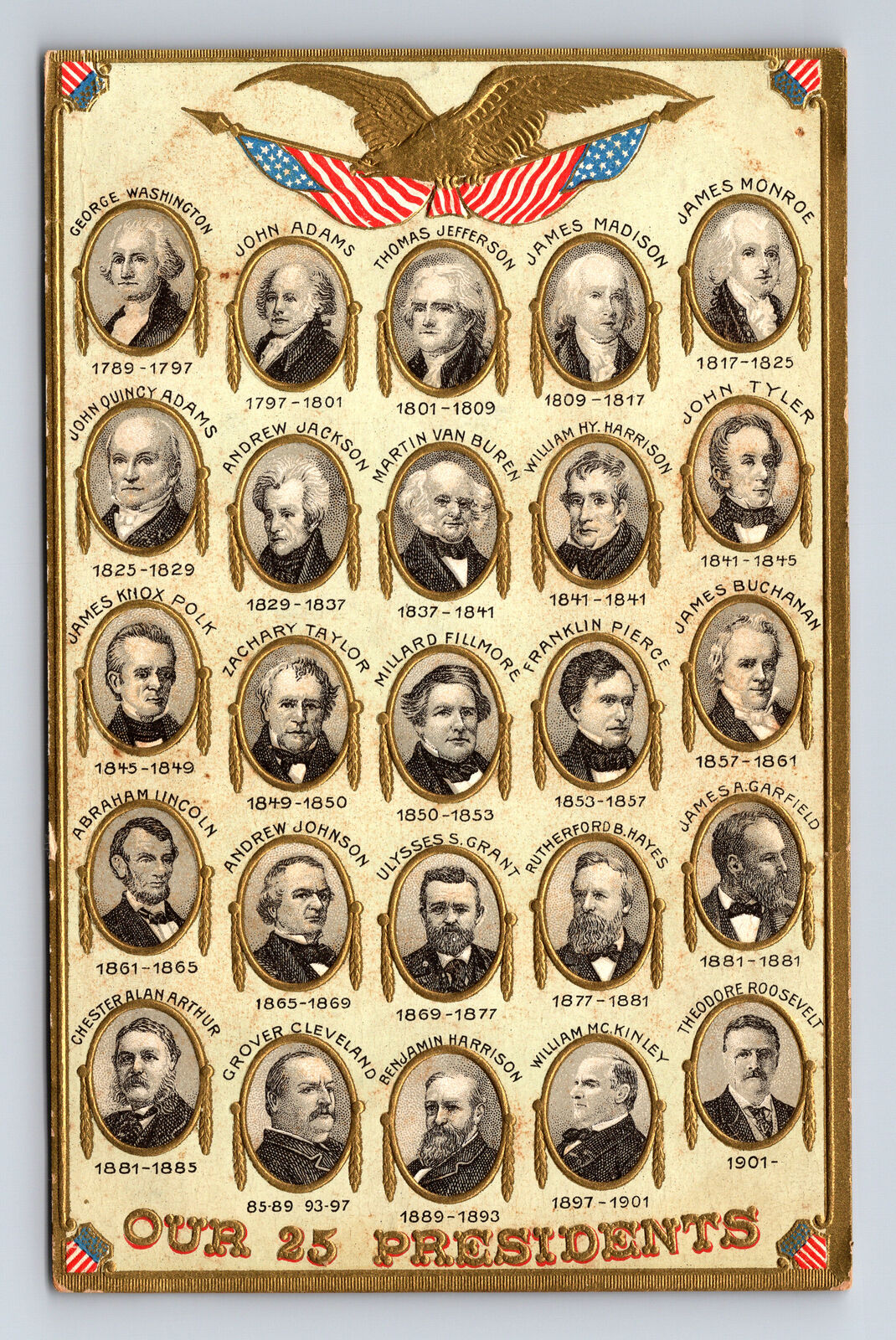 Gold Border Portraits of America\'s First 25 Presidents To T Roosevelt Postcard